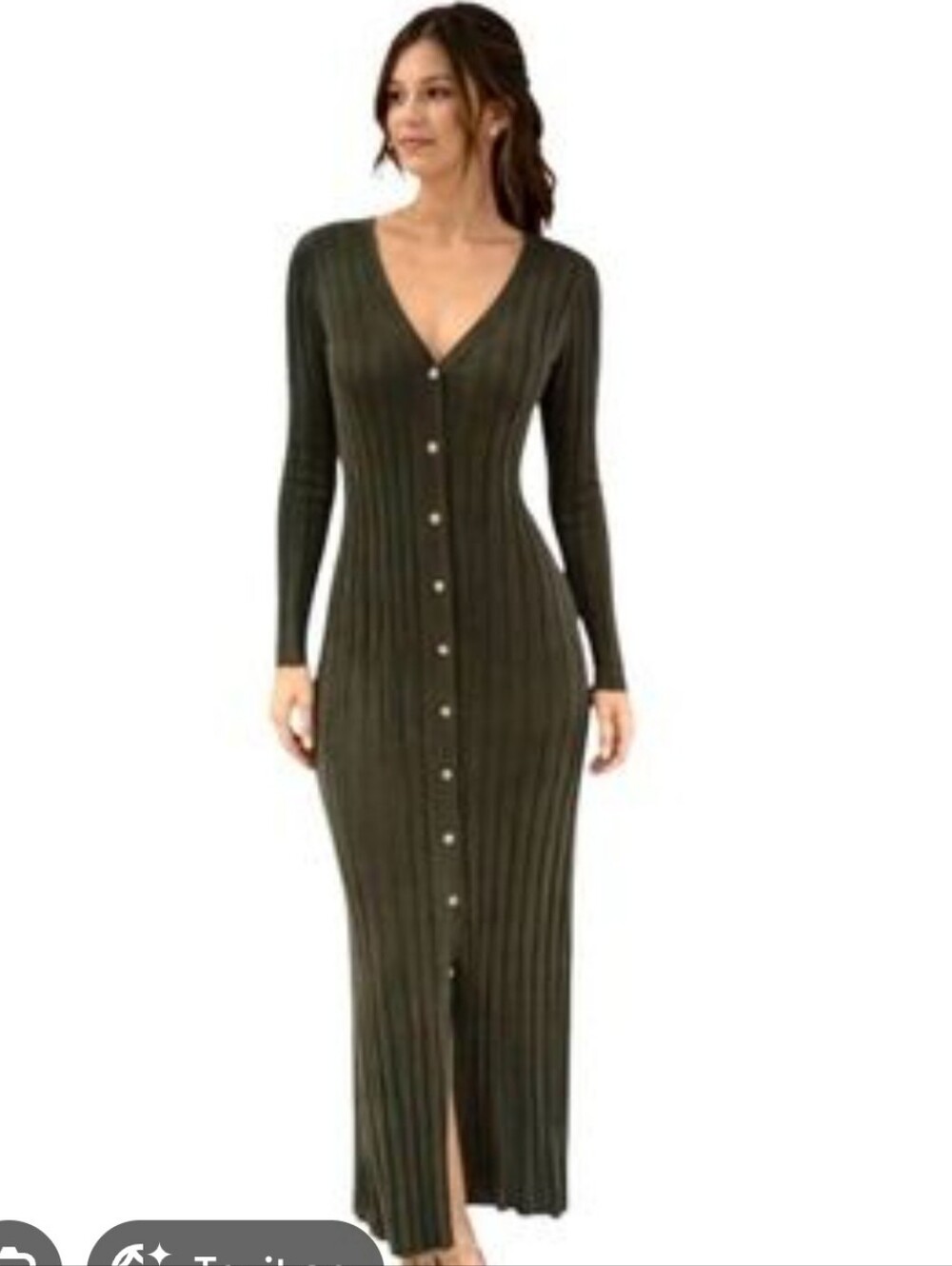 House of Harlow 1960 Olive Ribbed Button-Front Maxi Dress with V-Neck